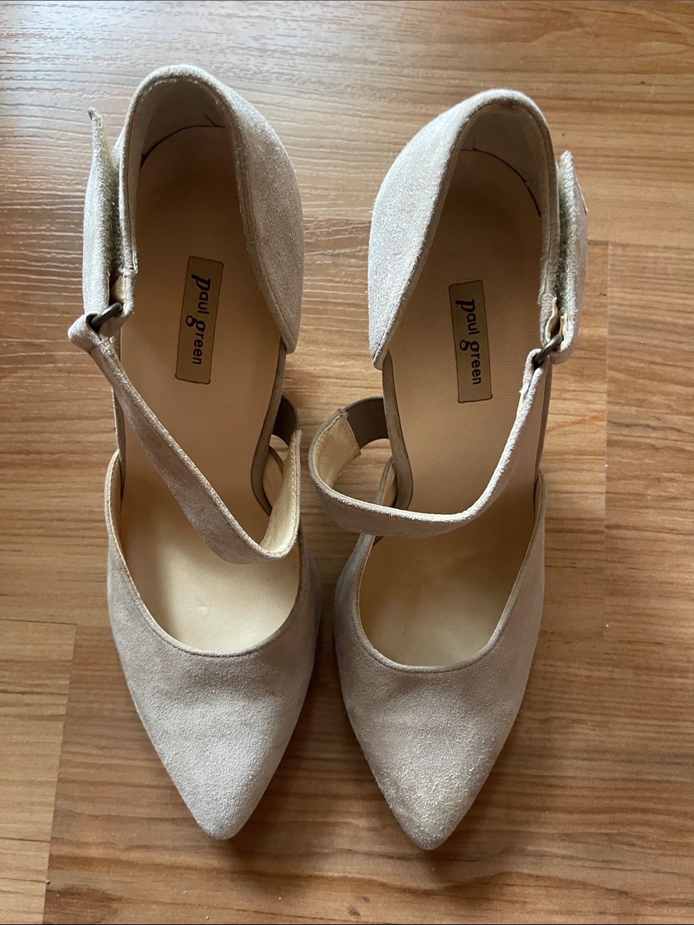 Paul Green Beige Suede Pointed-Toe Ankle-Strap Heels